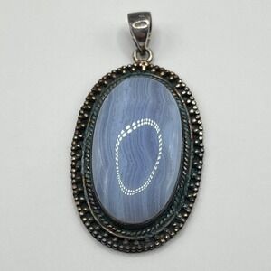 Vintage Sterling Silver‎ Blue Lace Agate Pendant Oval Beaded Edge Setting 925